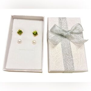 LOFT Gold-Toned Green Rhinestones and Faux Seed Pearl Stud Earrings